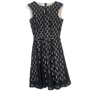Black Lace Fit Flare Dress Belted Petite 6 Geometric Circle Sleeveless